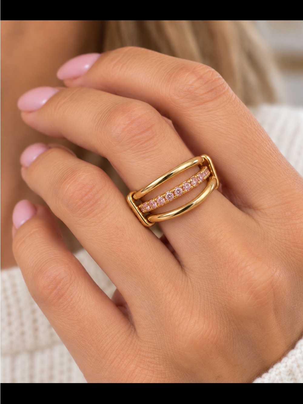 Three Ringed Ring in a Loose Setting with Pink CZ Stones in 14k Gold Plating NWT